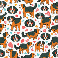Obraz premium Bernese Mountain Dog Vector Illustration with Seamless Pattern Design