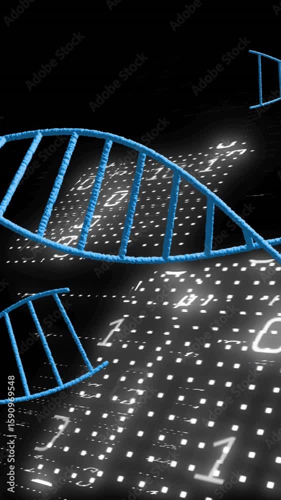 Poster dna strands and binary coding, scientific data processing animation
