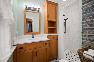 luxury bathroom with wooden door