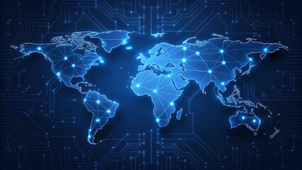 Glowing world map connected by blue lights global network