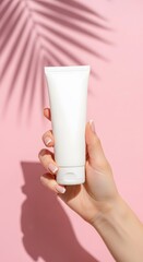 Woman Holding Blank White Cosmetic Tube on Pink Background