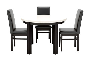 Dining table with black legs and a white circular tabletop, three chairs placed around it isolated on a transparent background