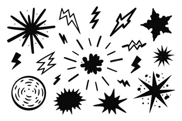 Dynamic collection of graphic bursts, stars, and lightning bolts perfect for adding emphasis and energy to creative designs.