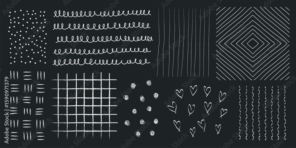Poster chalk patterns on blackboard: dots, lines, hearts. dots and lines create texture. hearts add charm. 