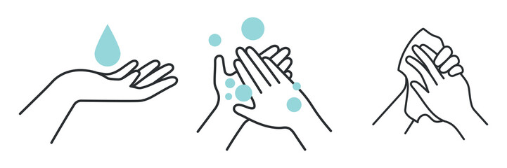 Illustration of hand washing steps: water, soap, and drying. Emphasizes hygiene with water, soap, and drying. Simple hand washing guide with water, soap, drying. Hygiene illustrations, vector set.