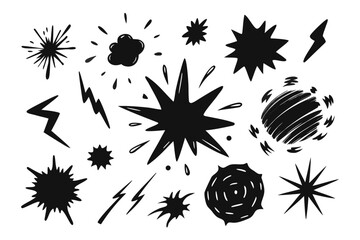 Collection of hand-drawn bursts and lightning bolts creating a dynamic design element, suitable for comic books, graphic novels and decorative projects.