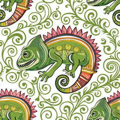 Chameleon  Vector Illustration with Seamless Pattern Design