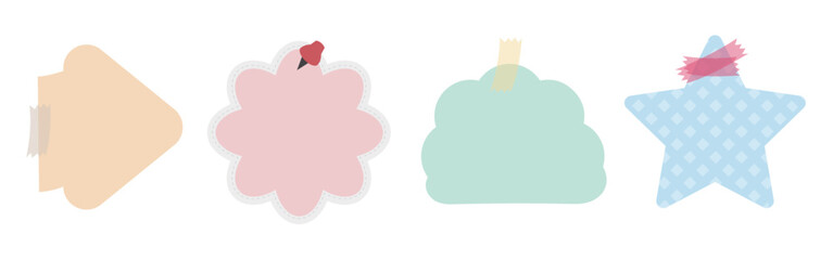 Four pastel-colored sticky notes in various shapes: arrow, flower, cloud, star. Sticky notes for reminders. Cute sticky notes for office or home use. Cute memo element set. Vectors.