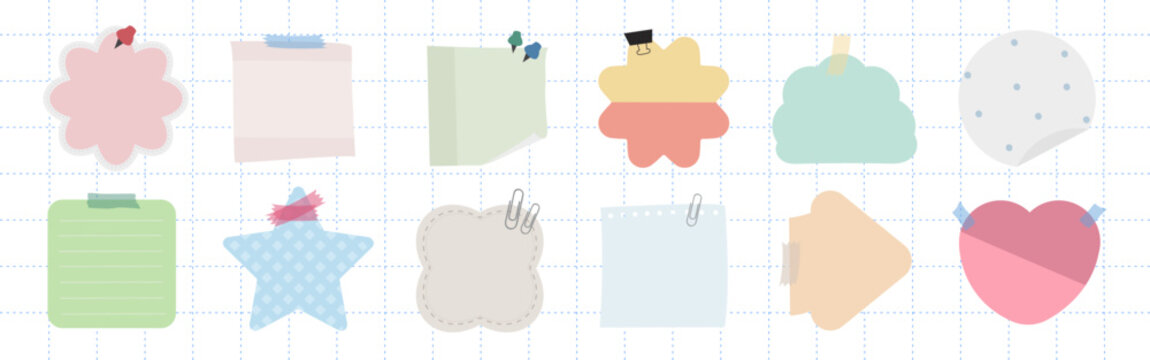 Colorful sticky notes in various shapes: star, heart, cloud. Sticky notes for reminders, lists, and notes. Perfect for organizing and planning. Cute memo element set. Vectors.