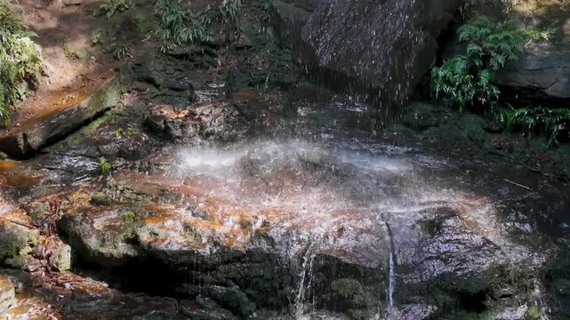 Blue Mountains, NSW, Australia: HD Drone Video -Close up with a rainbow to the beautiful Junction Falls in Australian rainforest on the South Lawson's 5 Waterfalls Circuit walking track.