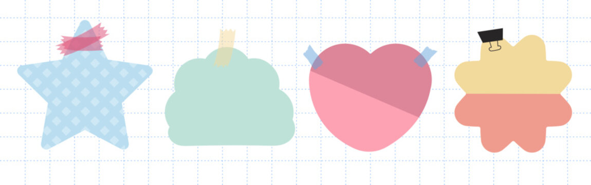 Four pastel-colored sticky notes in various shapes: arrow, flower, cloud, star. Sticky notes for reminders. Cute sticky notes for office or home use. Cute memo element set. Vectors.