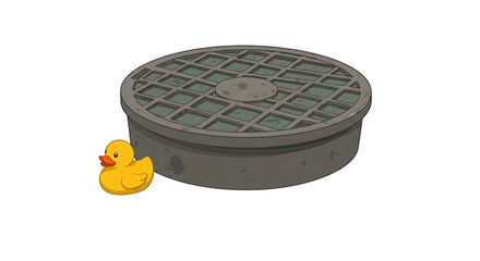 Sewer Drain with Duck Flat Art Isolated on White Background
