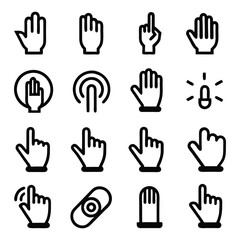 a set of black and white icons of hand gestures.