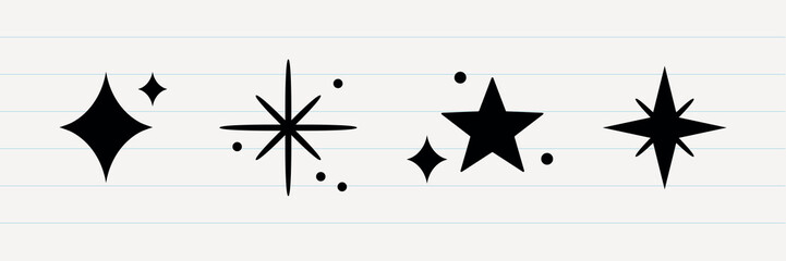 Black star shapes and sparkles on a lined background. Stars and sparkles in various sizes. Star shapes and sparkles create a simple, decorative pattern. Festive element set. Vectors.
