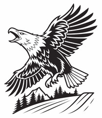 eagle vector Flying Eagle Black and White Vector Illustration with Mountain and Forest Backgroundillustration.