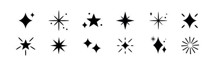 Set of 12 black star icons. Various star shapes, each unique. Perfect for design projects. Star icons for creative use. Diverse star designs. Festive element set. Vectors.