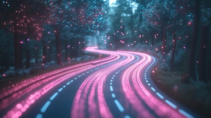 Magical glowing road through a mystical forest