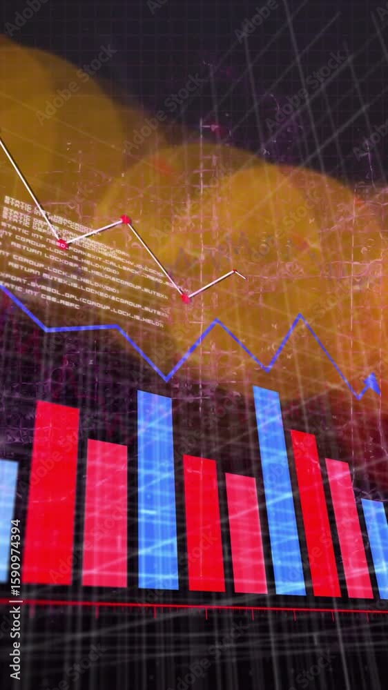 Poster bar and line graphs animation over abstract background with glowing elements