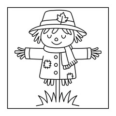 Smiling Scarecrow Illustration – Cozy Farm-Themed Fall Coloring Sheet for Kids