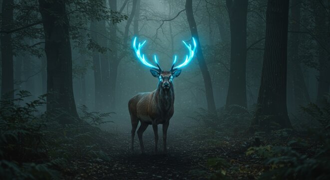 A majestic deer with glowing blue antlers stands prominently in a dark, misty forest, surrounded by trees.