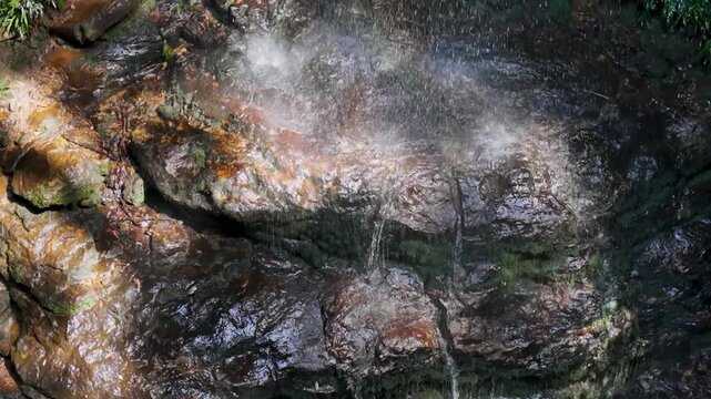 Blue Mountains, NSW, Australia: HD Drone Video -Close up with a rainbow to the beautiful Junction Falls in Australian rainforest on the South Lawson's 5 Waterfalls Circuit walking track.