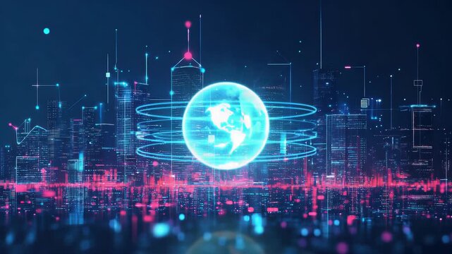 cityscape with space and neon light effect. Modern hi-tech, science, futuristic technology concept. Abstract digital high tech city design for banner background
