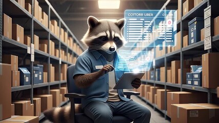Raccoon warehouse worker technology illustration - Powered by Adobe