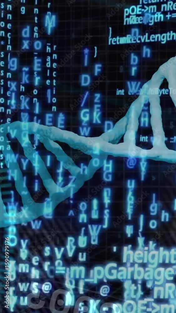 Poster dna strand and binary coding, scientific data processing animation