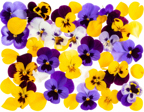 Top-Down Flat Lay of Scattered Viola Petals and Flowers, Minimalist Style, Isolated.