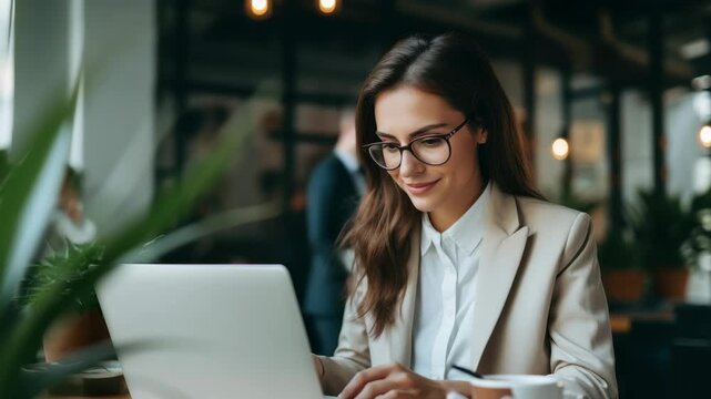 A professional woman in a cafe, working on a laptop. Eye-level angle captures a modern, focused atmosphere, ideal for a business video concept. Live desktop wallpaper.
