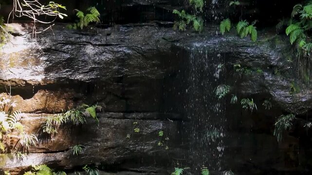 Blue Mountains, NSW, Australia: HD Drone Video -water dripping against the dark stone wall at Junction Falls in Australian rainforest on the South Lawson's 5 Waterfalls Circuit walking track.