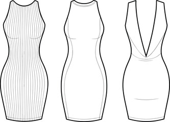 CAD drawing flat vector illustration of stylish bodycon dresses, technical fashion sketch, digital apparel template for stock design