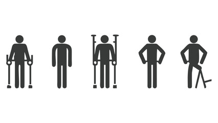 Disability Icons Illustrate Mobility Assistance with Walking Aids and Support Devices for Individuals with Physical Impairments or Rehabilitation Needs