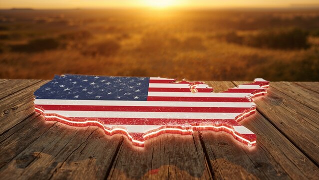 USA map outlined with American flag design on a wooden surface, sunset backdrop.