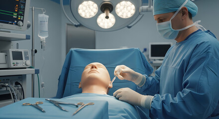 Surgeon Injecting Dummy Patient in Operating Room.