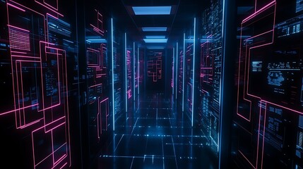 Futuristic server room corridor with glowing code