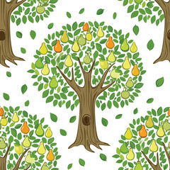 Pear Tree Vector Illustration with Seamless Pattern Design