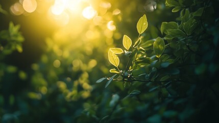 Sunlight shines through green leaves in a forest, creating a soft, warm glow.