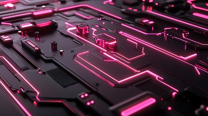Futuristic circuit board with glowing pink lines