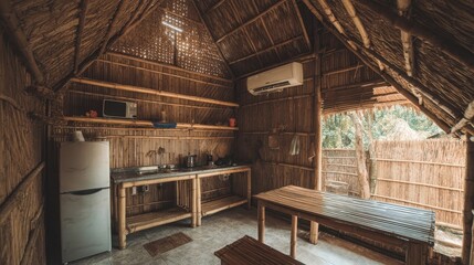 Rustic bamboo kitchen with thatched roof.