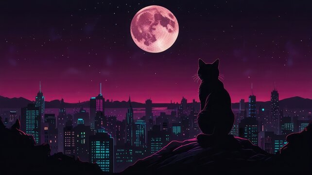 A black cat sits atop a hill overlooking a vibrant, futuristic city at night under a large pink moon.