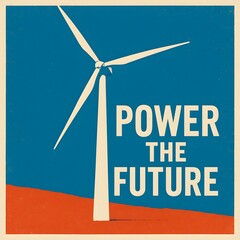 A wind turbine stands tall against a blue sky, promoting the message to power the future with renewable energy