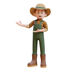 3D farmer character in pointing and presenting gesture