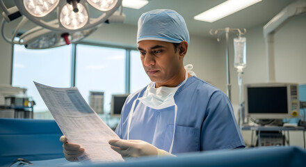 Surgeon Reviewing Medical Charts in Operating Room 1.