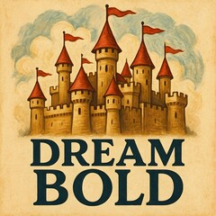 A majestic medieval castle with red flags stands tall against a backdrop of swirling clouds, evoking a sense of fantasy and adventure
