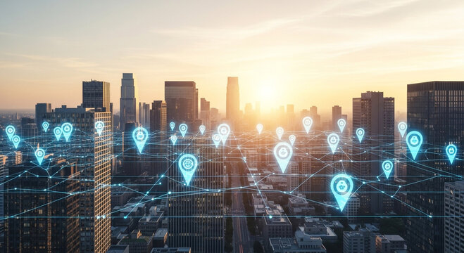 Smart City Network: Digital Urban Landscape at Sunset Global Connectivity: Modern Skyline with Interconnected Grid

