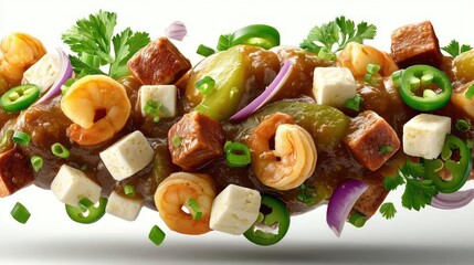 Flying spicy food mix with shrimp, cheese, and vegetables.