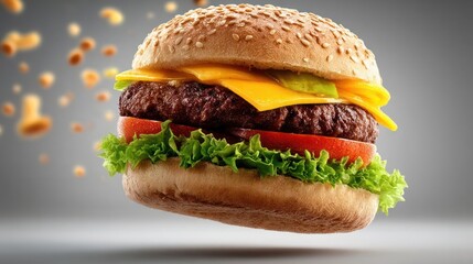 Delicious burger floating with vibrant ingredients.