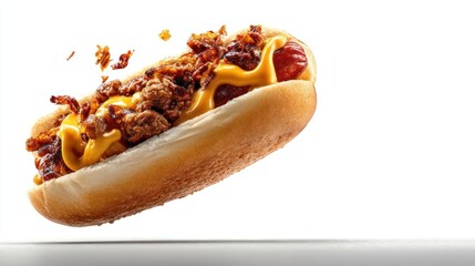 Delicious hotdog with bacon and cheese, mid-air.