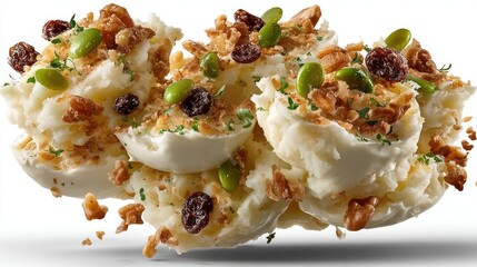 Chocolate dessert exploding with nuts, peas, and crumbs.